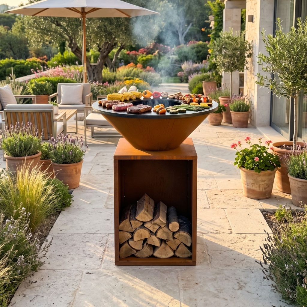 ASH Canyon plancha BBQ made of Corten steel with meat and vegetables on the griddle