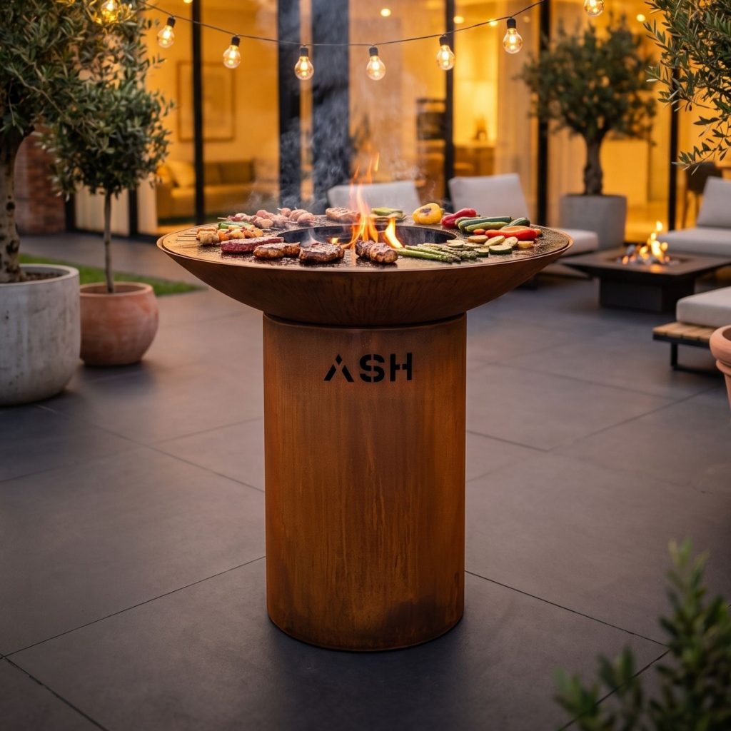 Barbecue plancha ASH Element en acier Corten, avec de la viande et des légumes disposés autour du feu