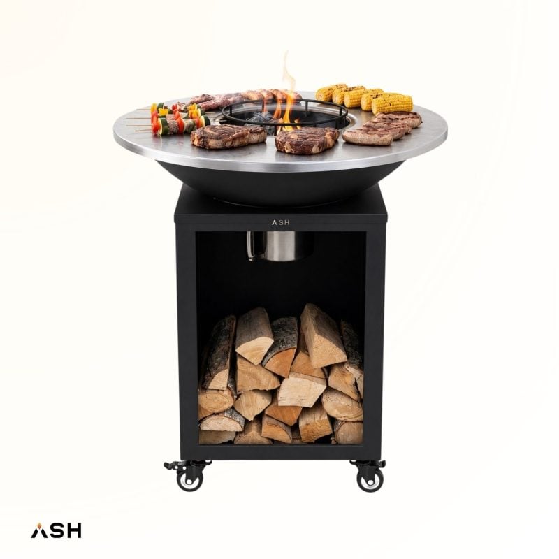 Barbecue à plancha ASH Solaris noir, équipé de quatre roulettes pivotantes