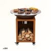 Barbecue à plancha ASH Solaris en acier Corten, équipé de quatre roulettes pivotantes